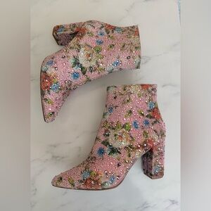 Betsey Johnson Pink Floral Crystal Block Heel Booties